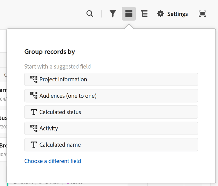 Grouping UI timeline view with linked fields