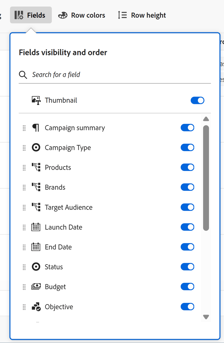 Fields setting table view toolbar expanded