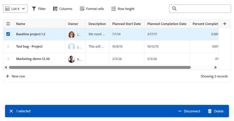 Actions bar in Connected records page List view