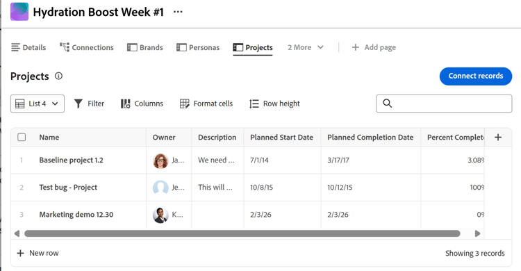 Projects on connected records page in list view
