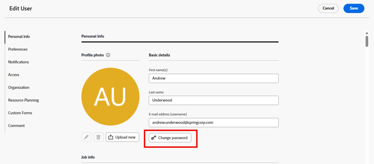 Click Change password