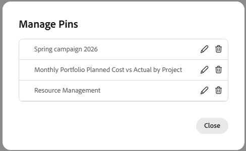 Manage Pins box