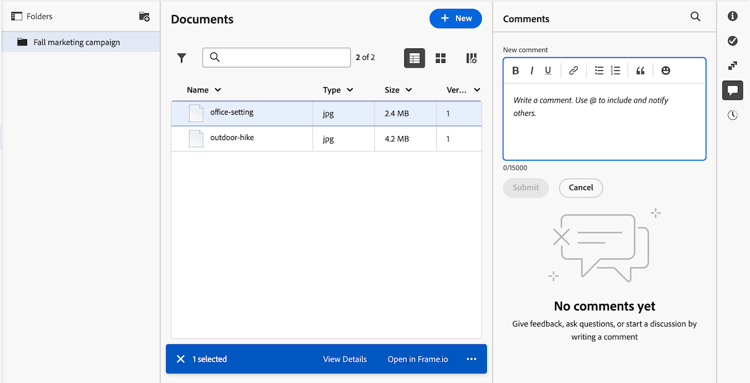 New document comments panel
