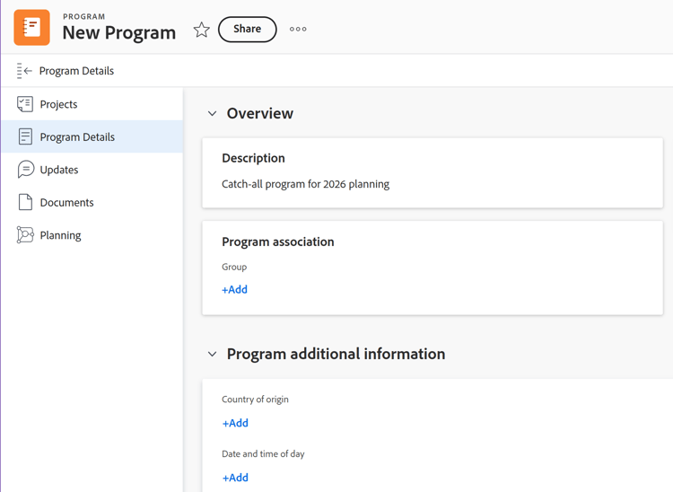 Program details with custom form section