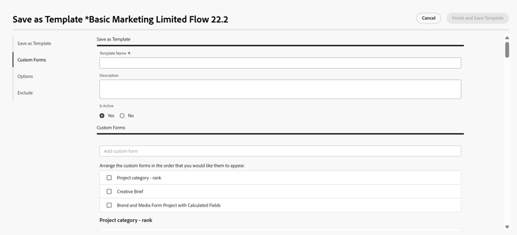 Save project as template top of the box