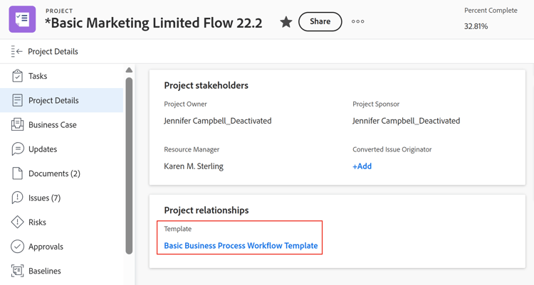 Template information on a project