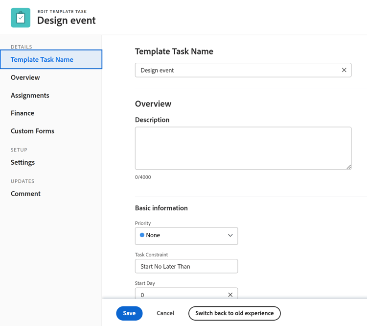 New experience for Edit Template Task
