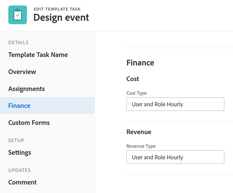 Template task edit finance section