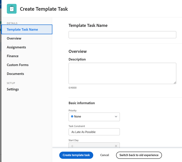 New experience for New Template Task