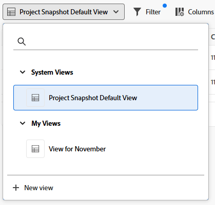 Views menu on a snapshot