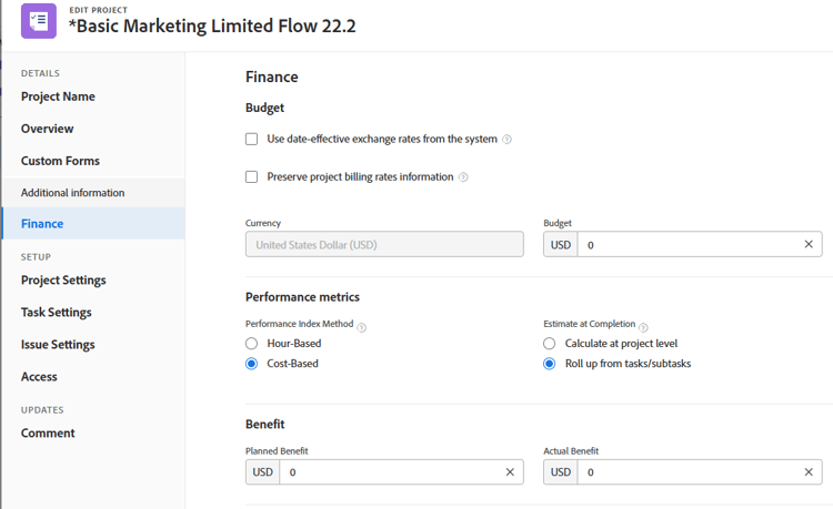 Finance area in the project edit box