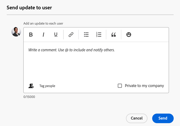 Send update to user box on template