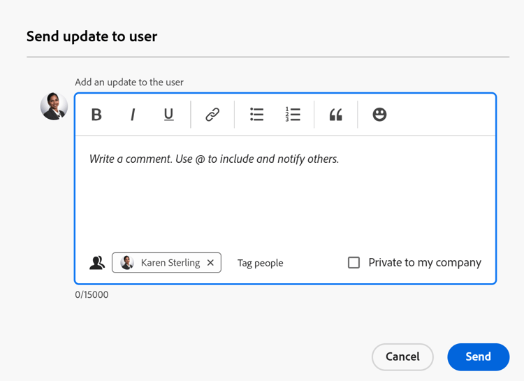 Send update to user box on the project