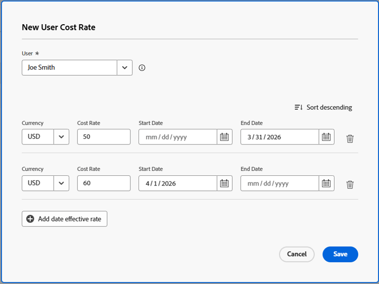 New User Cost Rate box showing effective dates