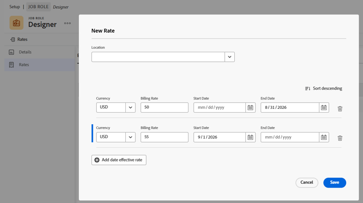 Edit job role billing rates