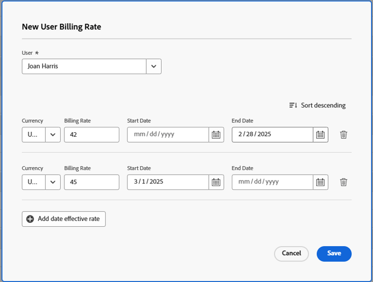 New User Billing Rate box showing effective dates
