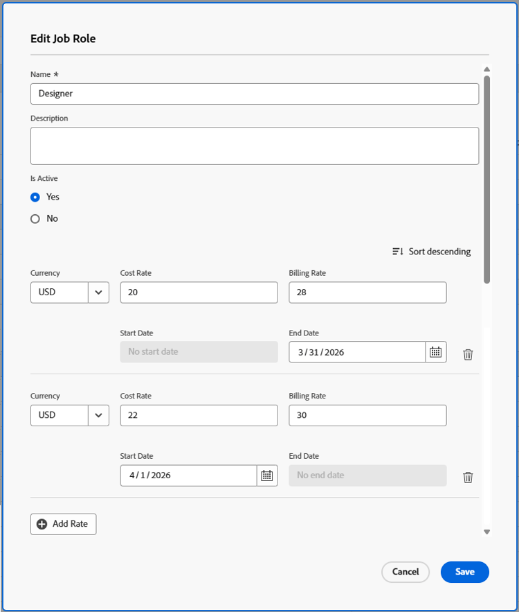 Edit job role cost and billing rates