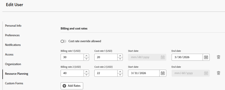 Edit user cost and billing rates
