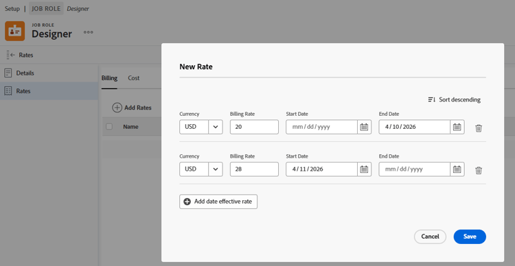 Edit job role billing rates
