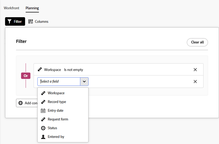 Editing filters in the Planning requests tab