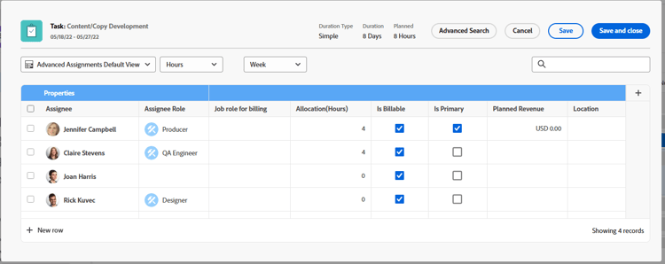 Advanced Assignments window