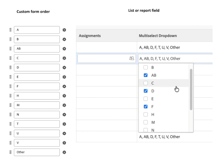 Custom form field order matches the order of selected values in a list or report