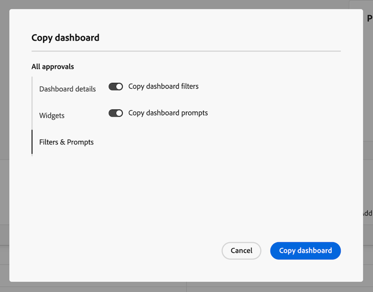 Copy dashboard - Filters & Prompts tab