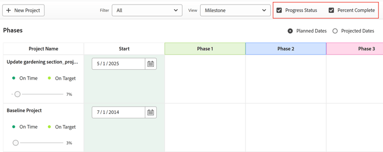 Milestone view options
