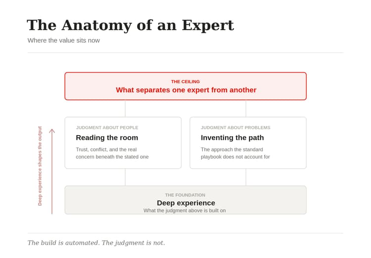 Diagram: the anatomy of an expert. Deep experience is the foundation for judgment about people and judgment about problems, which is what separates one expert from another.
