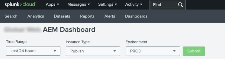 Dashboard input controls for time range, instance type, and environment