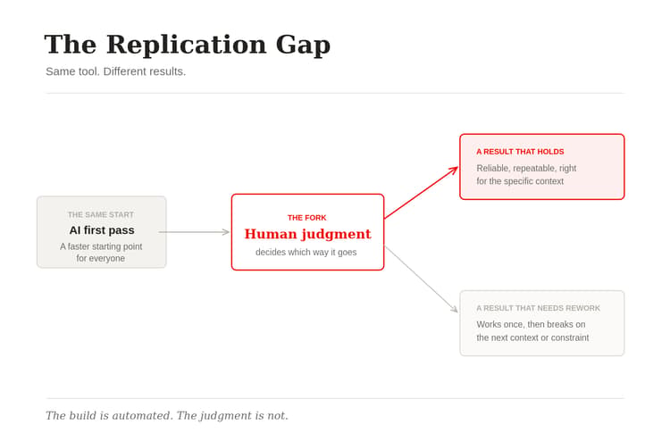 Diagram: the replication gap. The same AI first pass forks on human judgment into a result that holds or a result that needs rework.
