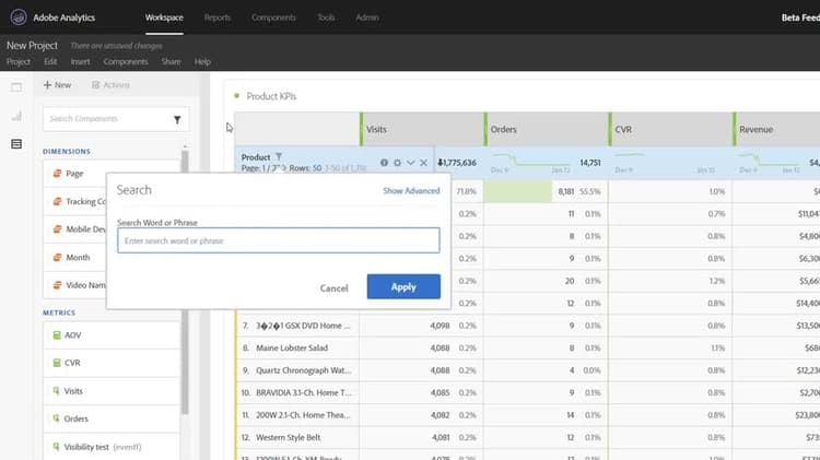 Freeform table filters in Analysis Workspace