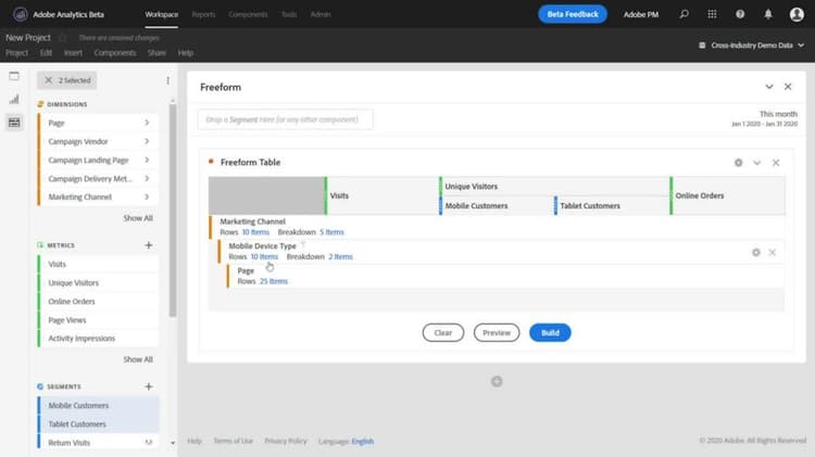 Use the freeform table builder in Analysis Workspace