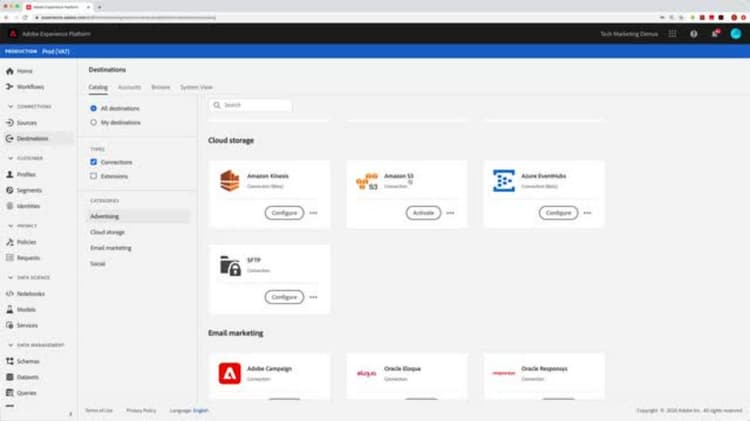 Configuring file-based cloud storage or email marketing destinations