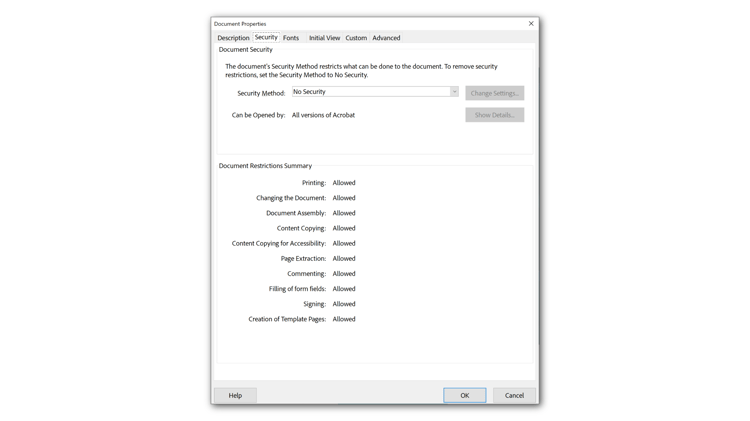 Screenshot of Document Properties dialog security tab