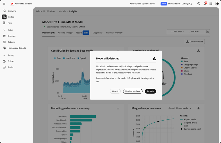 Screenshot of Model drift detected dialog