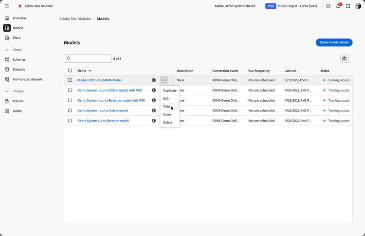 Screenshot of a model's context menu and the option to directly train the model