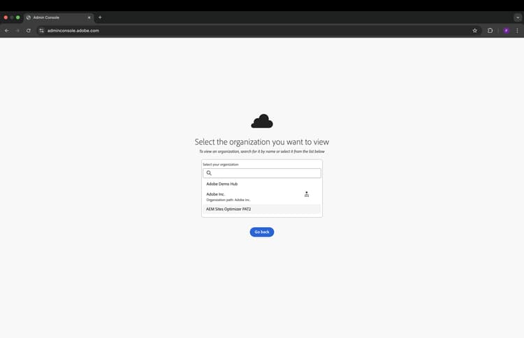 Screenshot of Select your organization