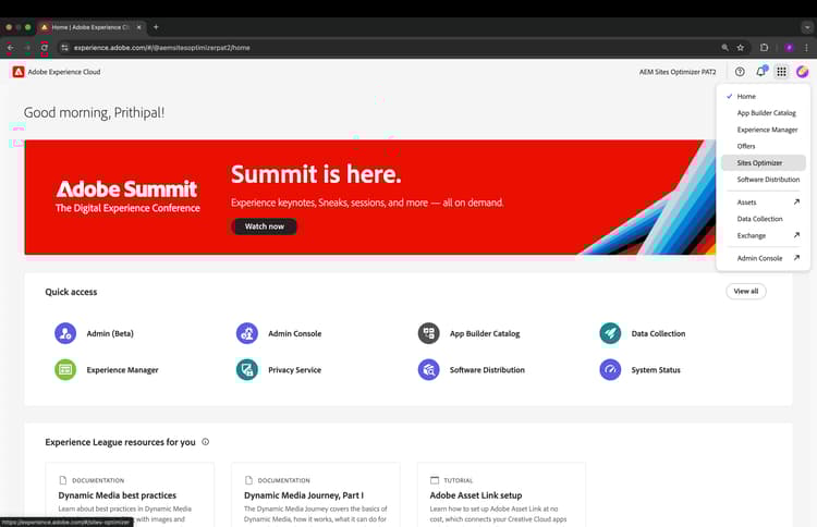 Screenshot of Navigate to AEM Sites Optimizer