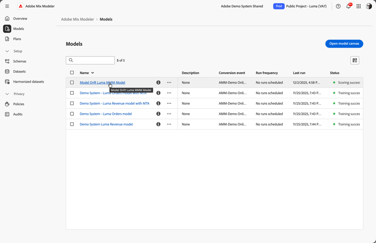 Screenshot of Models interface