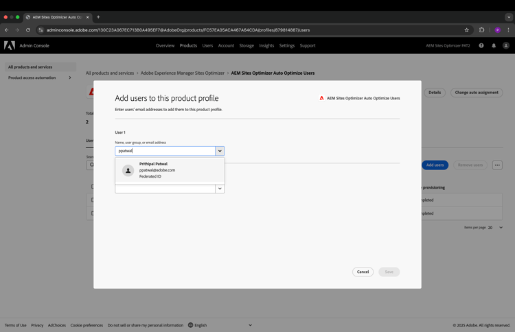 Screenshot of Assign users to the product profile