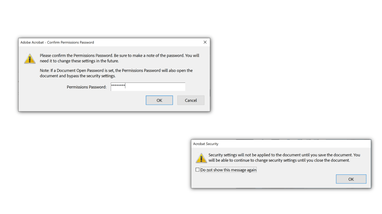 Screenshot of password confirmation and save warning dialog.