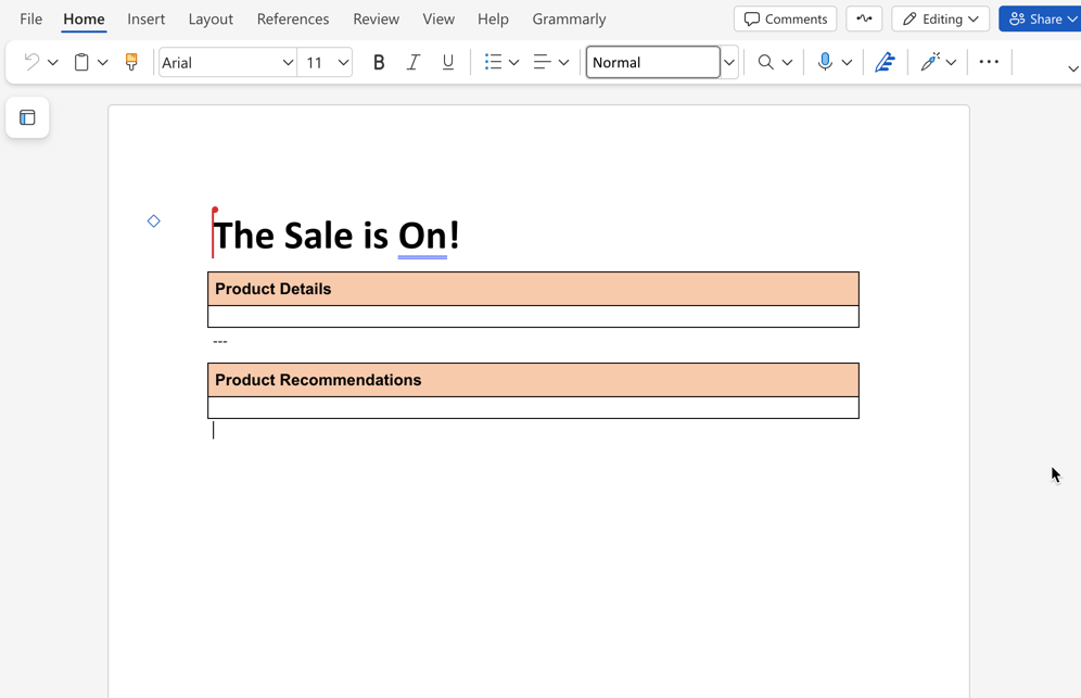 Product details document in Universal Editor with a recommendation content block placed below the commerce product block
