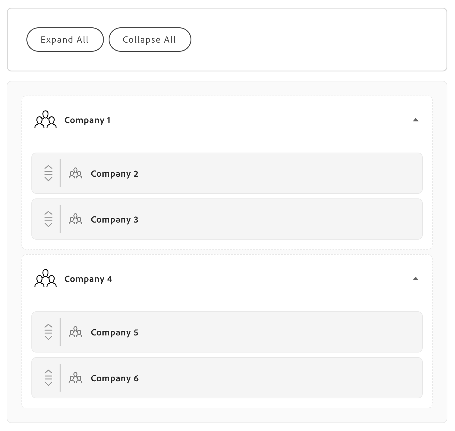 CompanyHierarchy container showing an interactive tree view of parent and child companies