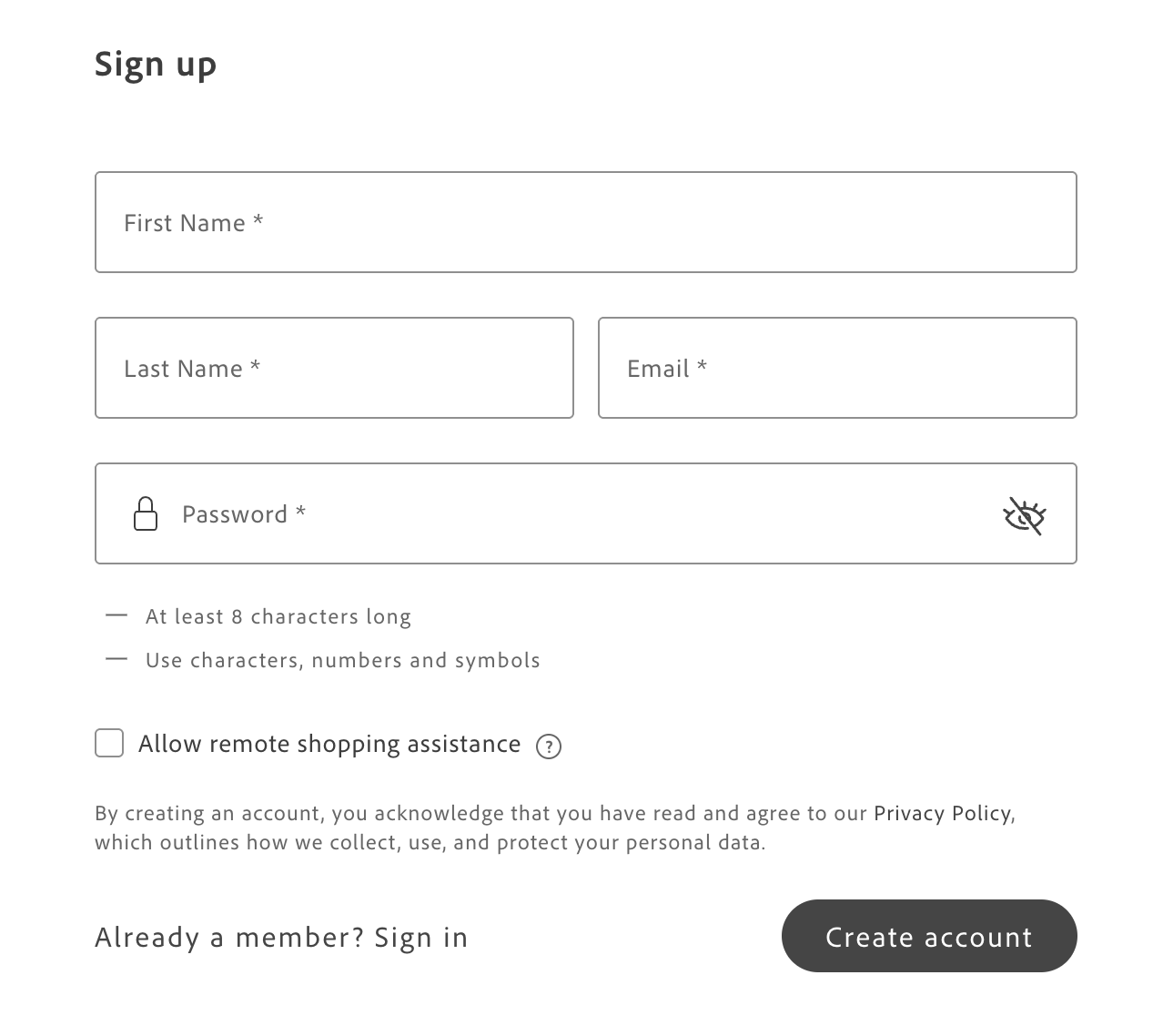 Sign-up form with remote shopping assistance consent checkbox