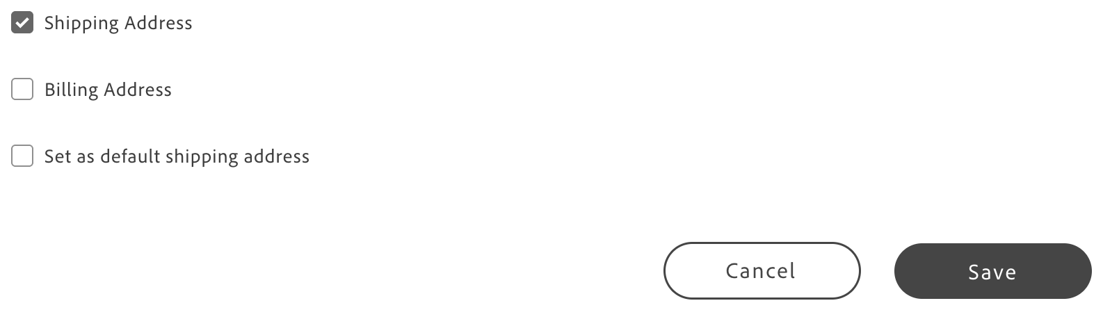 Address form with Shipping Address and Billing Address type checkboxes and a single default checkbox