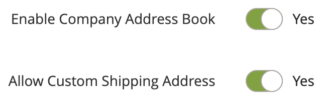 Admin toggles for Enable Company Address Book and Allow Custom Shipping Address set to Yes