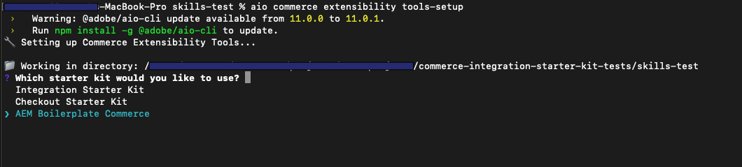 CLI prompt with AEM Boilerplate Commerce selected as the starter kit.