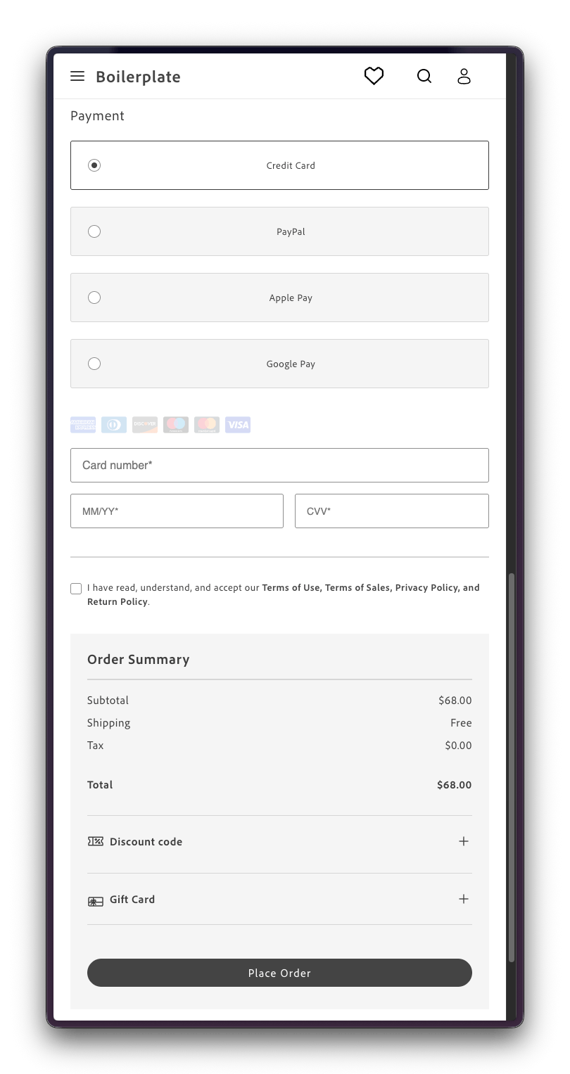 Credit card form on the checkout page