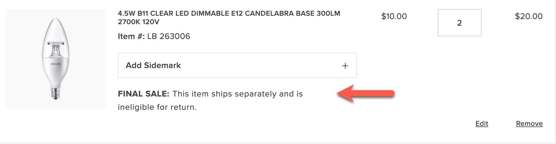 Cart item with custom final sale notification